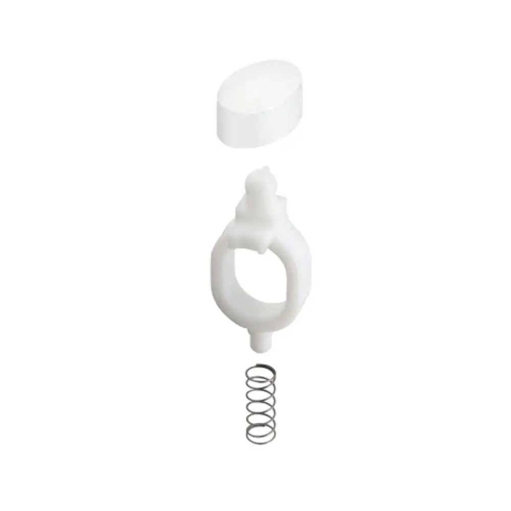 Weißer Druckknopf mit Feder und Oberteil, geeignet für Hansgrohe Produkte. Teile sind separat angeordnet und zeigen die Montagekomponenten.
